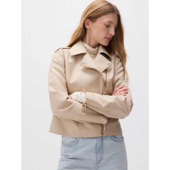Reserved Moto Biker Jacket Beige Faux Leather Full Zip- Women's Size XS - Picture 7 of 15